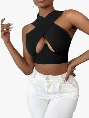 Women Halter Crisscross Tank Crop Top Black Size XXL